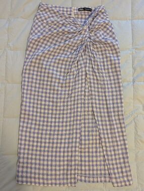 Zara Lilac and White Gingham Twist-Detail Midi Skirt